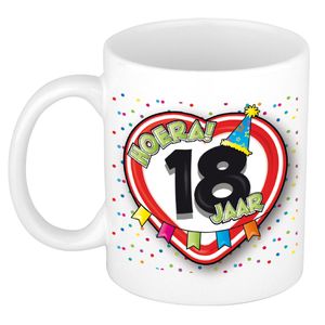 Verjaardag cadeau mok leeftijd 18 jaar - hartje verkeersbord - multi - keramiek - 300 ml   -