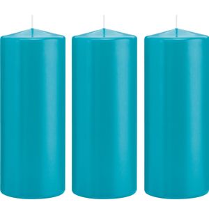 3x Turquoise blauwe cilinderkaarsen/stompkaarsen 8 x 20 cm 119 branduren