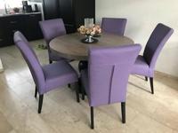 Set van 5 leren eetkamerstoelen - met houten poten - paars leer - Echt leer, Landelijk, ontdek de vele Leersoorten en Kleuren bij ShopX