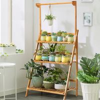 3-Laags Plantenplank met in Hoogte Verstelbare en Afneembare Kledingroede Opvouwbare Bloemenplank van Bamboe 70X40X120-144CM
