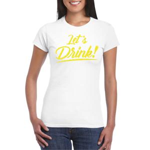 Bellatio Decorations Verkleed T-shirt voor dames - lets drink - wit - geel glitters - glamour 2XL  -