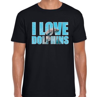 Tekst t-shirt I love dolphins met dieren foto van een dolfijn zwart voor heren Tekst t-shirt I love dolphins met dieren foto van een dolfijn zwart voor heren