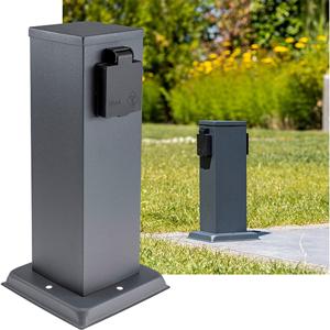 Buitenstopcontact 2 zijden enkel (2x) op 30cm zuil zwart IP44 - tuincontactdoos - stekkerverdeler buiten