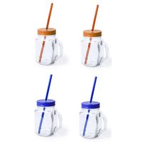 Set van 4x glazen drinkbekers dop/rietje 500 ml blauw/oranje