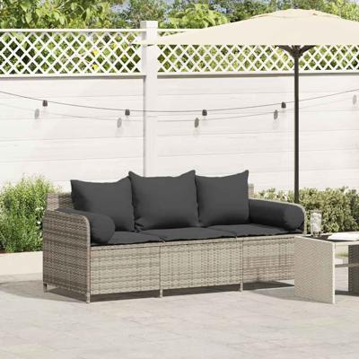 Tuinbank 3-zits met kussens poly rattan lichtgrijs