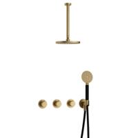 Hotbath Cobber - CB7067 - Inbouw Regendoucheset - Geborsteld Messing - 2 Stopkranen - Thermostatisch - Plafondbuis 30 cm - Hoofddouche 200 mm - Ronde Handdouche 3 Standen - Waterbesparend