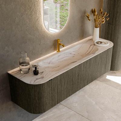 Badmeubel Mondiaz Kurve-Dlux | 160 cm | Meubelkleur Shadow | Wastafelkleur Nata | Solid surface | Wasbak midden spoelbak | 1 kraangat