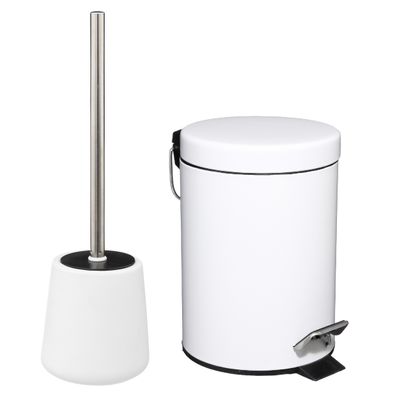 Badkamer/toilet accessoires - WC-borstel en pedaalemmer - metaal - wit