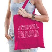 Glitter Super Mama katoenen tas roze rhinestones steentjes voor dames - Moederdag - Feest Boodschappentassen