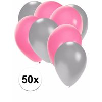 50x ballonnen - 27 cm - zilver / lichtroze versiering