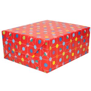 1x Verjaardagscadeau inpakpapier rood / gekleurde stippen70 x 200 cm op rol