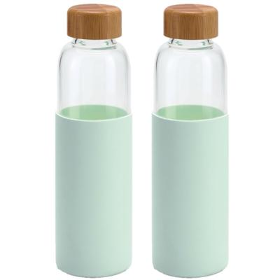 Waterfles - glas - 2x - mintgroene siliconen hoes - 600 ml - bpa-vrij