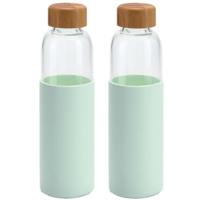 Waterfles - glas - 2x - mintgroene siliconen hoes - 600 ml - bpa-vrij