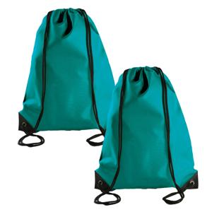 Sport gymtas/draagtas met rijgkoord - 2x - smaragd groen - 34 x 44 cm - polyester - verstevigde hoek