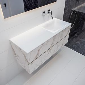 Mondiaz Vica Cloud badmeubel wit carrara mat 120 cm 2 lades solid surface enkele spoelbak rechts zonder kraangat