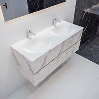 Mondiaz Vica Moon badmeubel wit carrara mat 120 cm 2 lades solid surface dubbele spoelbak 2 kraangaten