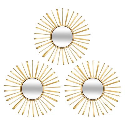 Wandspiegels set 3x stuks Metal Sun - Boho/ibiza stijl - metaal - goud - D24 cm per stuk