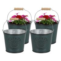 Plantenpot/bloempot emmer voor buiten - 4x - zink - petrolblauw - D17 x H14 cm