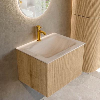 Badmeubel Mondiaz Kurve-Dlux | 60 cm | Meubelkleur Oak | Wastafelkleur Meli | Solid surface | Wasbak midden spoelbak | 1 kraangat