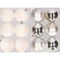 12x stuks kunststof kerstballen mix van parelmoer wit en zilver 8 cm - Kerstbal - thumbnail