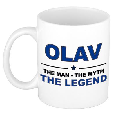 Olav cadeau mok - man myth legend - naam koffiemok / beker - wit en blauw - 300 ml