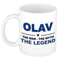 Olav cadeau mok - man myth legend - naam koffiemok / beker - wit en blauw - 300 ml