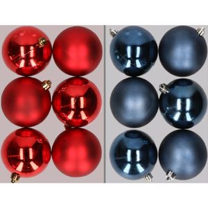 12x stuks kunststof kerstballen mix van rood en donkerblauw 8 cm   -