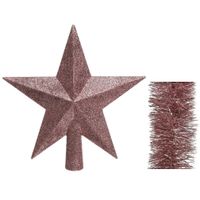 Kerstversiering kunststof glitter ster piek 19 cm en folieslingers pakket oud roze van 3x stuks - thumbnail