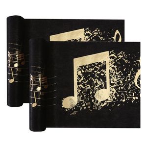 Muziek thema tafelloper op rol - 10 m x 30 cm - zwart/goud - non woven polyester