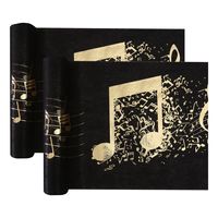 Muziek thema tafelloper op rol - 10 m x 30 cm - zwart/goud - non woven polyester - thumbnail