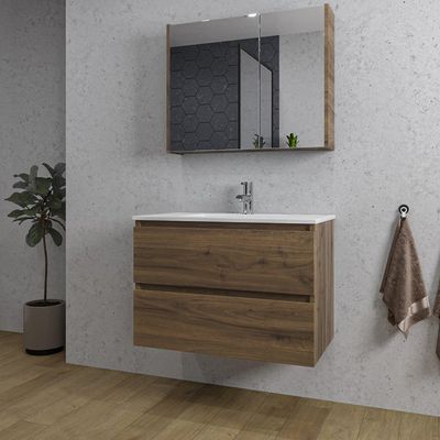 Adema Chaci Badkamermeubelset - 80x46x55cm - 1 keramische wasbak wit - 1 kraangat - 2 lades - Spiegelkast - noten (hout) SW1212816/SW804531/SW1212764/SW812073