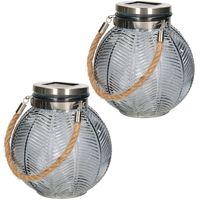 2x stuks grijze solar lantaarn van gestreept glas rond 16 cm