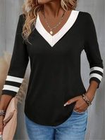 Black And White Colorblock Cotton Casual V Neck T-Shirt