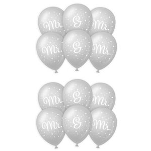 12x stuks Mr. & Mr. huwelijks feest ballonnen - zilver/wit - latex - ca 30 cm