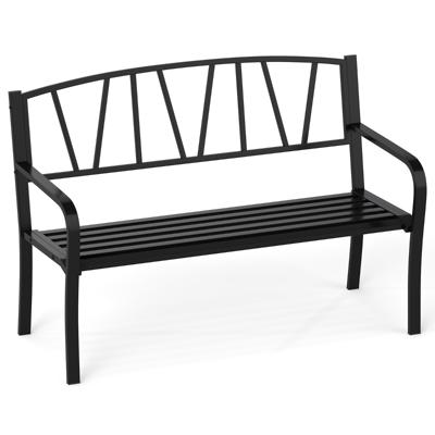 128 cm Metalen Tuinbank Moderne Bank met Latten voor 2-3 Personen Gebogen Armleuningen Stevige Zitplek voor Buiten