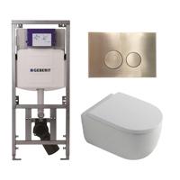 QeramiQ Dely Swirl Toiletset - 36.3x51.7cm - diepspoel - rimless - Geberit UP320 Burda inbouwreservoir - 35mm zitting - geborsteld messing bedieningsplaat - ronde knoppen - wit mat 0701131/SW706200/SW1000767/sw1026257