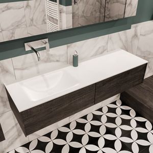 Mondiaz Lush Cloud badmeubel eiken donker bruin 150 cm 2 lades solid surface enkele spoelbak links zonder kraangat