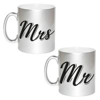 Mrs and Mr bruiloft / bruidspaar cadeau koffiemok / theebeker zilver 330 ml - feest mokken - thumbnail