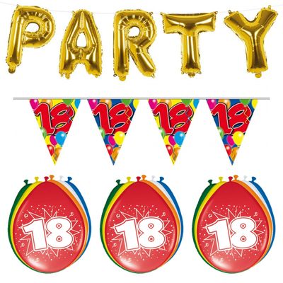 Verjaardag feestversiering 18 jaar PARTY letters en 16x ballonnen met 2x plastic vlaggetjes