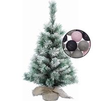 Kleine kerstboom besneeuwd -incl. verlichting bollen mix grijs/lichtroze - H60 cm