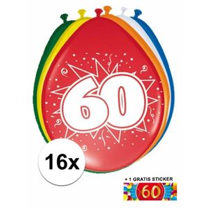 Ballonnen 60 jaar van 30 cm 16 stuks + gratis sticker