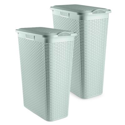 Smalle Wasmand met deksel Rotan - 2x - groen - gevlochten kunststof - 48 liter - 27 x 46 x 60 cm