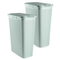 Smalle Wasmand met deksel Rotan - 2x - groen - gevlochten kunststof - 48 liter - 27 x 46 x 60 cm