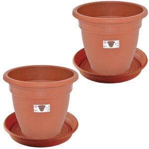 2x stuks bloempotten met onderschaal terra cotta rond diameter 35 cm