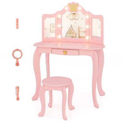 Kinderkaptafelset met Verlichte Spiegel Tafel- en Krukset 3-Delige Opvouwbare Spiegel Verstelbare Helderheid Wit / Roze
