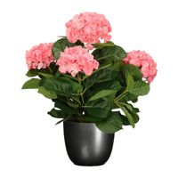 Hortensia kunstplant/kunstbloemen 45 cm - roze - in pot titanium grijs glans