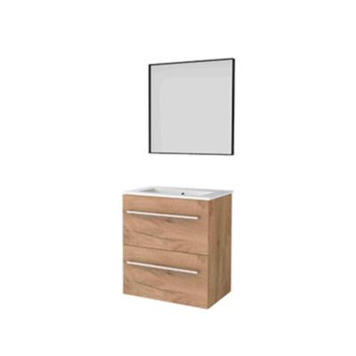 Basic-Line Framed 39 Badkamermeubelset - Ondiep - 60 x 39 cm - Greeploos - 2 Lades - Keramische Wastafel - 1 Kraangat - Spiegel met Zwart Aluminium Frame - Whisky Oak