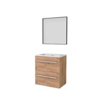 Basic-Line Framed 39 Badkamermeubelset - Ondiep - 60 x 39 cm - Greeploos - 2 Lades - Keramische Wastafel - 1 Kraangat - Spiegel met Zwart Aluminium Frame - Whisky Oak