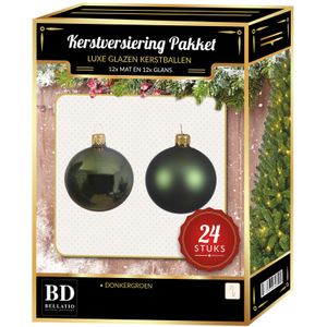 24 Stuks mix glazen Kerstballen pakket donkergroen 6 en 8 cm