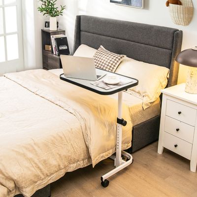 Overbedtafel met Vergrendelbare Universele Wielen Draagbare Laptoptafel met 9-Traps Hoogteverstelling Kantelbare Plaat in Meerdere Hoeken